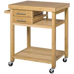 HOMCOM Bamboo Kitchen Island Cart on Wheels - Utility Trolley with 2 Drawers & Open Shelves, Bamboo Tone
