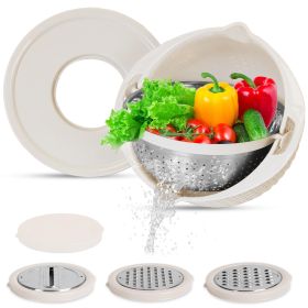 Multifunctional Mixing Bowl with Lid Set 3 Replaceable Graters Food Strainer and Colander Fruit Vegetable Washing Basket Stainless Steel (Color: Beige, size: One size)